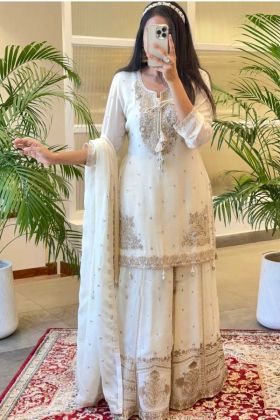 Fancy White Color Eid Collection Pure Chinnon With Heavy Embroidery Work Top Bottom