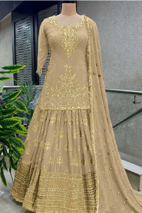 Golden Color Pure Heavy Chinnon Silk Embroidery Sequence Work Lehenga Choli With Sleeves.