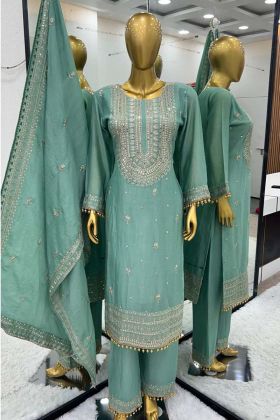 Grass Green Color Designer Collection Embroidery Work Faux Georgette Plazzo Suit