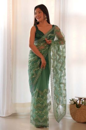 Green Color Butterfly Net Sequence Work Festive Saree