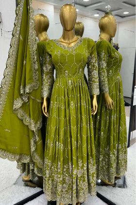 Green Color Chinnon Silk Embroidery Work Gown