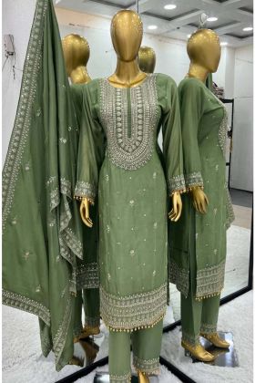 Green Color Designer Collection Embroidery Work Faux Georgette Plazzo Suit