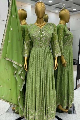 Green Color Faux Georgette Party Wear Sequence Work Gown