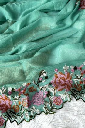 Green Color Glossy Silk Cross Stich Embroidery Work Weeding Saree