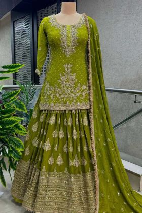 Green Color Pure Heavy Chinnon Silk Embroidery Sequence Work Lehenga Choli With Sleeves.