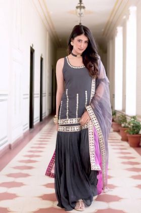 Grey Color Faux Georgette Sequence Embroidery Work Party Wear Sharara Plazzo
