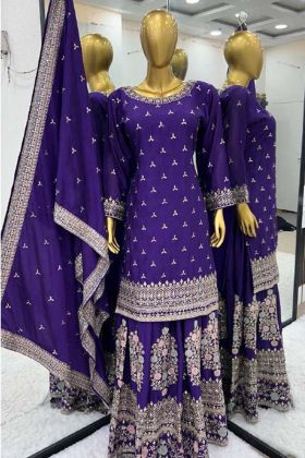 Heavy Chinon Silk Party Wear Sequence Work Purple Color Sharara Suit