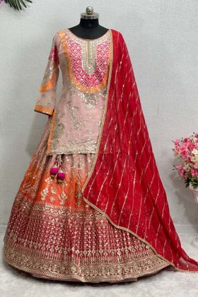 Indo-Western Embroidery Sequence work Light pink color Lehenga with Kurti. 