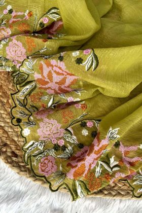 Lemon Color Glossy Silk Cross Stich Embroidery Work Weeding Saree
