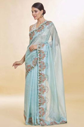 Light Blue Color Soft Teby Organza Heavy Embroidery Work Party Wear Saree