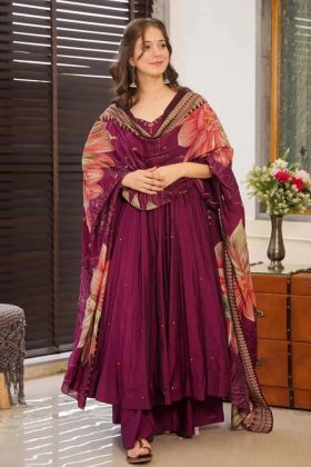 Maroon Color Pure Chinnon Sequence Work Gown Plazzo And Dupatta