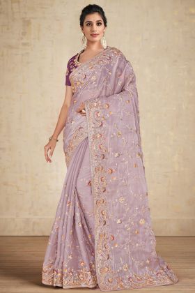 Mauve Color Satin Silk Floral Embroidered Work Saree
