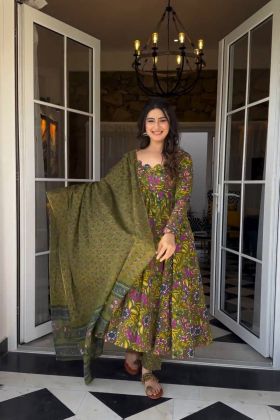 Mehendi color Cotton Silk Rakhi Special Anarkali Suit
