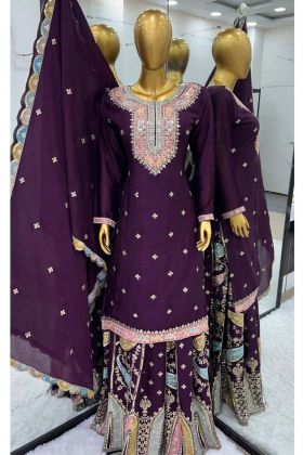 New Designer Party Wear Embroidery Sequence Work Chinon Silk Purple Color Sharara