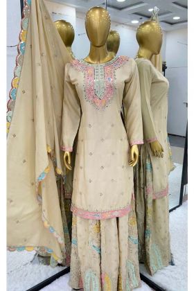 New Designer Party Wear Embroidery Sequence Work Chinon Silk White Color Sharara