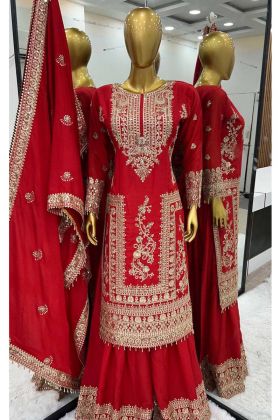 New Designer Red Color Pure Chinnon With Heavy Embroidery Coding Dori Sequence Work Top Bottom