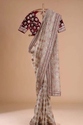 Off White Color Soft Tissu Organza Silk Zari Thread Velvet Fabric Fancy Saree