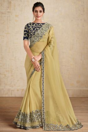 Pastel Yellow Color Net Organza Floral Embroidery Work Saree