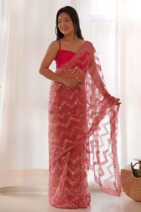 Pink Color Butterfly Net Sequence Work Festive Saree