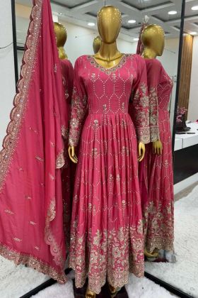 Pink Color Chinnon Silk Embroidery Work Gown