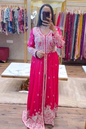 Pink Color Embroidery Sequence Work Faux Georgette Weeding Wear Gown