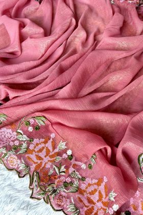 Pink Color Glossy Silk Cross Stich Embroidery Work Weeding Saree