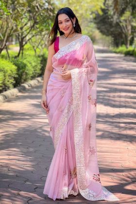 Pink Color Silver Tissue Silk Floral Embroidery Work Weeding Saree