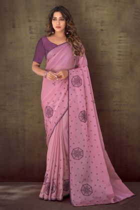 Pink Color Zari Organza Weeding Wear Stone Work Saree