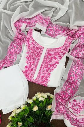 Pink Faux Georgette Chain Stitch Work Salwar Suit