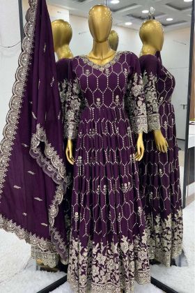 Purple Color Chinnon Silk Embroidery Work Gown