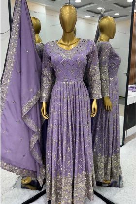 Purple Color Chinnon Silk Party Wear Sequence Work Gown