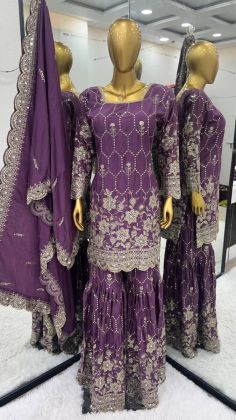 Purple Color Faux Georgette Embroidery Work Weeding Wear Sharara