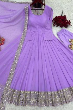 Purple Color Festival Wear Embroidery Work Faux Georgette Gown