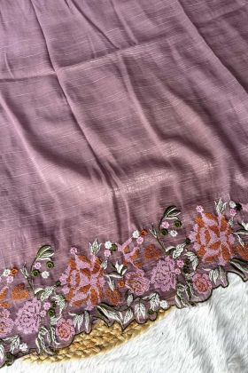Purple Color Glossy Silk Cross Stich Embroidery Work Weeding Saree