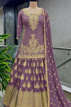 Purple Color Pure Heavy Chinnon Silk Embroidery Sequence Work Lehenga Choli With Sleeves.
