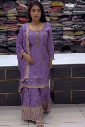 Purple Pure Heavy Chinon Silk Sharara Salwar Suit