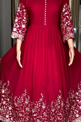 Red Color Faux Georgette Heavy Embroidery Work Rakhi Special Gown