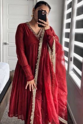 Red Faux Georgette Crush Anarkali Style Gown