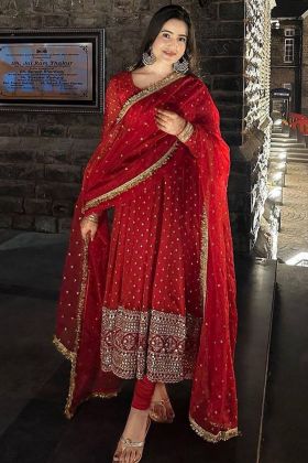 Red Faux Georgette Embroidery Work Anarkali Gown