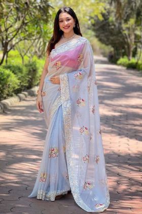 Sky Blue Color Silver Tissue Silk Floral Embroidery Work Weeding Saree
