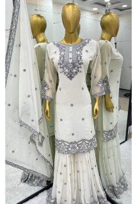 White Color Malty Thread Embroidery Work Top Gharara