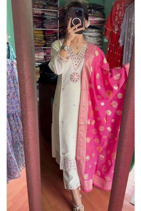 White Color Top Bottom Chinnon Silk With Pink Dupatta