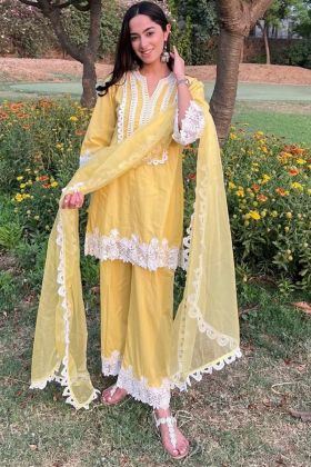 Yellow Chain Stitched Work Straight Salwar Kameez