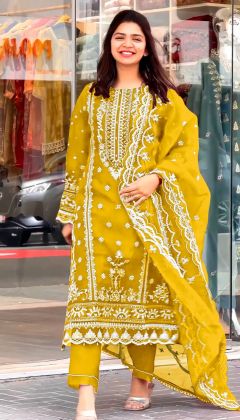 Yellow color Designer Party Wear Organza Pure Pakistani Suit Pant and Dupatta