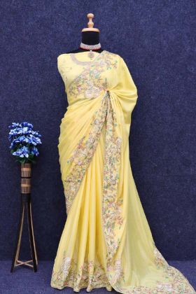 Yellow Color Diamond Chinon Silk Sequins Work Premium Saree.