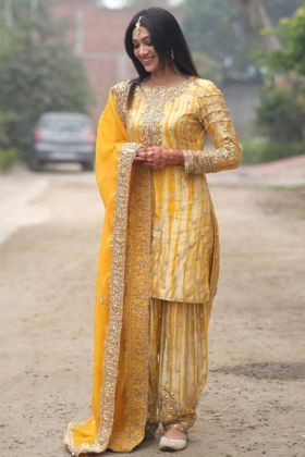 Yellow Color Haldi Special Pure Chinnon Silk Ready made Top Patiala Suit