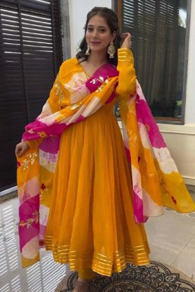 Yellow Color New Designer Haldi Special Heavy Chinon Silk Gown