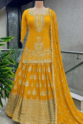 Yellow Color Pure Heavy Chinnon Silk Embroidery Sequence Work Lehenga Choli With Sleeves.