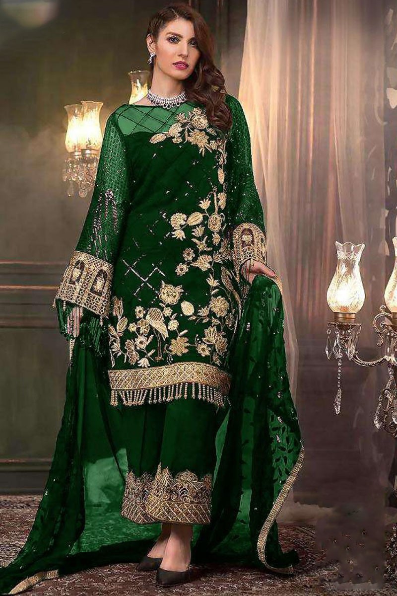 Green Embroidered Slit Style Pant Salwar Suit Latest 3616SL01