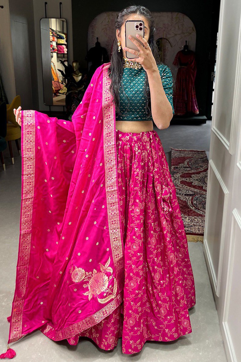 Pink Lehenga with Powder Blue Blouse and Organza Dupatta – Aheli Collections